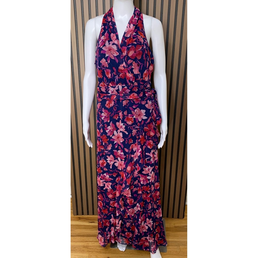 London Times Floral Halter Maxi Dress Navy Pink Blue Faux Wrap Ruffle Size 12